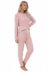 Rippenstrukturiertes zweiteiliges Set mit Langarmoberteil und Hose – Rosa