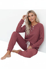 Rippenstrukturiertes zweiteiliges Set mit Langarmoberteil und Hose – Rot