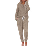 Rippenstrukturiertes zweiteiliges Set mit Langarmoberteil und Hose – Beige