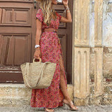 Justine | Lange Boho-Robe mit Gürtel – Rot