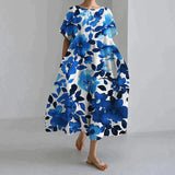Jamila – Oversize-Kleid aus bedrucktem Baumwollleinen – Blau-Weiß