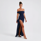 Agnes | Damen Maxikleid Schulterfreis Seitenschlitz – Off-Shoulder Maxi Schlitz 2026 – Blau