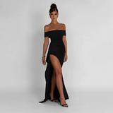 Agnes | Damen Maxikleid Schulterfreis Seitenschlitz – Off-Shoulder Maxi Schlitz 2026 – Schwarz