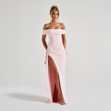 Agnes | Damen Maxikleid Schulterfreis Seitenschlitz – Off-Shoulder Maxi Schlitz 2026 – Rosa
