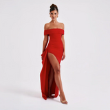 Agnes | Damen Maxikleid Schulterfreis Seitenschlitz – Off-Shoulder Maxi Schlitz 2026 – Rot
