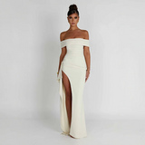 Agnes | Damen Maxikleid Schulterfreis Seitenschlitz – Off-Shoulder Maxi Schlitz 2026 – Weiß