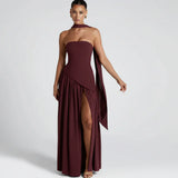 Nathalie | Damen Maxikleid Korsettstil Schaldetail Hoher Schlitz – Korsett Maxi 2026 – Braun