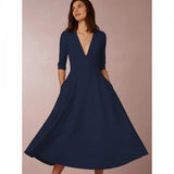 Jana | Damen Midi Kleid V-Ausschnitt 3/4-Ärmel Taschen – A-Linie Midi Kleid 2026 – Marineblau