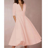 Jana | Damen Midi Kleid V-Ausschnitt 3/4-Ärmel Taschen – A-Linie Midi Kleid 2026 – Rosa