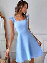 Lena | Damen Kurzes Ausgestelltes Kleid Rüschenärmel – Mini Kleid Rüschen 2026 – Himmelblau