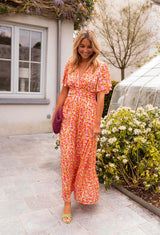 Sampaio – Elegantes Kleid Mit V-Ausschnitt Und Blumen Drucken – Orange