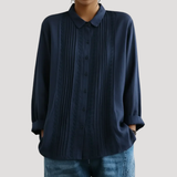 Romy | Damen Plissee Langarm Bluse mit Spitzendetails – Blau
