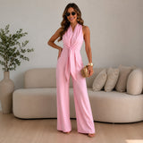 Valérie™ Jumpsuit mit Elegantem Drapiertem Ausschnitt und Palazzo-Silhouette – Rosa