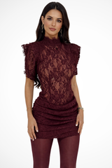 Rosalind | Damen Mock Neck Spitzen Mini Bodycon Kleid – Burgunder