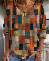 Rosilda | Damen Patchwork V-Ausschnitt Bluse – Orange