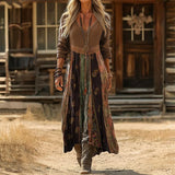 Rosmarie | Damen Boho Patchwork Langarm Maxikleid – Braun