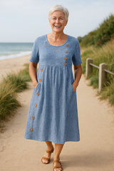 Roswen | Damen Gestreiftes Kurzarm Midikleid mit Knöpfen – Blau