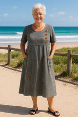 Roswen | Damen Gestreiftes Kurzarm Midikleid mit Knöpfen – Grau