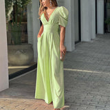Roswitha | Damen V-Ausschnitt Puffärmel Jumpsuit – Hellgrün