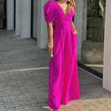Roswitha | Damen V-Ausschnitt Puffärmel Jumpsuit – Rosa