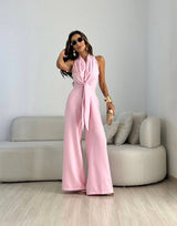 Kamwi - Eleganter Jumpsuit Mit Drapiertem Ausschnitt Und Weitem Bein – Rosa
