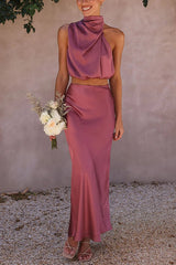 Elegantes Satin-Zweiteiler-Set – Neckholder-Top & Maxi-Rock – Rosa