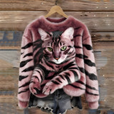 Zohara – Kunstfellpullover Mit Katzenprint – Rosa