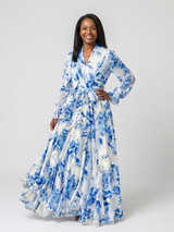 Lillian | Floral Langärmliges Wickel-Maxi-Kleid – Blau