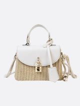 Livia | Kleine Damen-Strohtasche mit schwarzer Kunstleder-Klappe, Henkel & abnehmbarem Schultergurt – Crossbody- & Handtasche für Sommer – Weiß