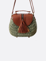 Lina | Kleine Schultertasche aus Strohseil mit verstellbarem Riemen & Quasten-Detail – Crossbody Sommertasche – Grün