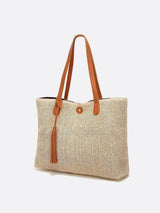 Mira | Große Strohtasche mit langen Tragehenkeln & Deko-Pompon – Sommerlicher Shopper aus Naturmaterial – Karamell