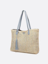 Mira | Große Strohtasche mit langen Tragehenkeln & Deko-Pompon – Sommerlicher Shopper aus Naturmaterial – Grau