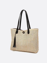 Mira | Große Strohtasche mit langen Tragehenkeln & Deko-Pompon – Sommerlicher Shopper aus Naturmaterial – Schwarz
