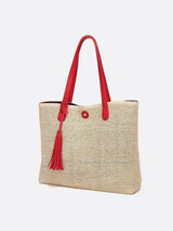 Mira | Große Strohtasche mit langen Tragehenkeln & Deko-Pompon – Sommerlicher Shopper aus Naturmaterial – Rot