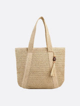 Sienna | Große Strohtasche mit Reißverschluss & Schulterriemen – Sommerliche Damen-Tote Bag mit Innentasche & Deko-Quaste – Beige