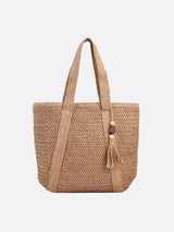 Sienna | Große Strohtasche mit Reißverschluss & Schulterriemen – Sommerliche Damen-Tote Bag mit Innentasche & Deko-Quaste – Hellbraun