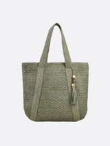 Sienna | Große Strohtasche mit Reißverschluss & Schulterriemen – Sommerliche Damen-Tote Bag mit Innentasche & Deko-Quaste – Grün