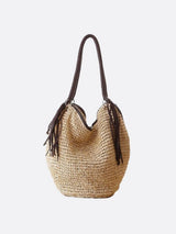 Mira | Weiche Strohtasche mit geflochtenem Schulterriemen & Lederfransen – Boho-Sommertasche für Damen – Beige