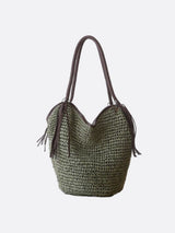 Mira | Weiche Strohtasche mit geflochtenem Schulterriemen & Lederfransen – Boho-Sommertasche für Damen – Grün