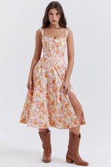 Damen-Midikleid aus Viskose mit Blumenmuster und V-Ausschnitt – Rosa
