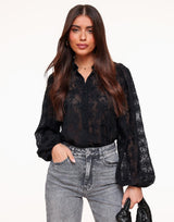 Damen Schwarz Blumen Langarm Bluse – Schwarz