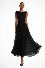Seraphita | Damen Drapiertes Ärmellos Plissee Midikleid – Schwarz