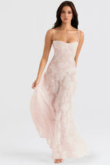 Vintage Cremefarbenes Maxikleid aus Spitze für Damen – Elegant und fließend – Rosa