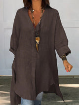 Sigrid | Damen Oversized Longbluse Hemdkragen Langarm – Dunkelbraun