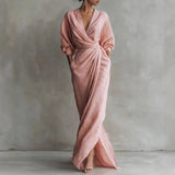 Solange | Damen V-Ausschnitt Langarm Wickelkleid – Rosa