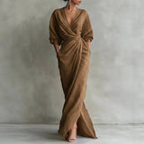 Solange | Damen V-Ausschnitt Langarm Wickelkleid – Braun