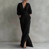 Solange | Damen V-Ausschnitt Langarm Wickelkleid – Schwarz