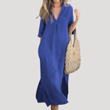 Solveig | Damen Midikleid mit V-Ausschnitt Relaxed Fit – Blau