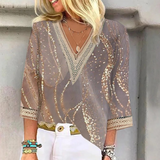 Soraya | Damen Festliche Glitzerbluse V-Ausschnitt 3/4-Arm – Braun