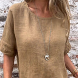 Yashira – Baumwoll Leinenbluse mit Rundhalsausschnitt – Khaki